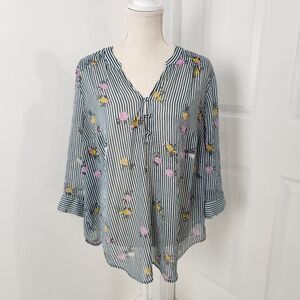 Torrid Harper Top Womens 0 Green Striped Floral Sheer Popover Whimsical Cottage